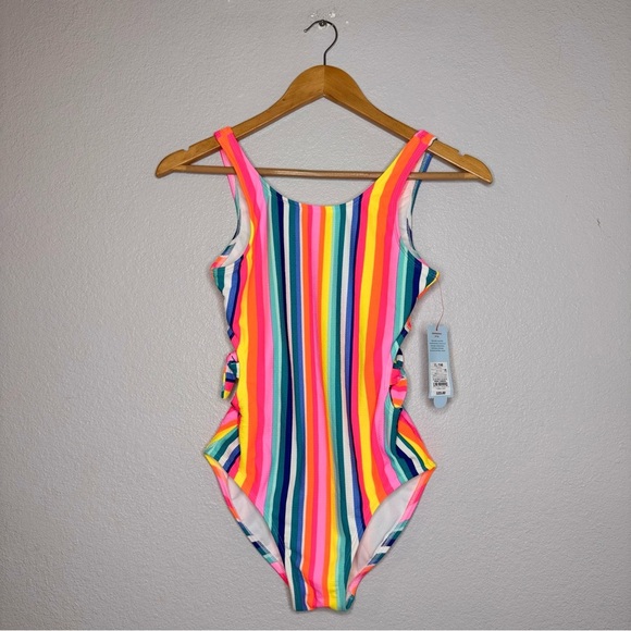 New Cat & Jack Girls XL Multi Colored Striped Swimsuit Bathing Suit - Picture 6 of 16